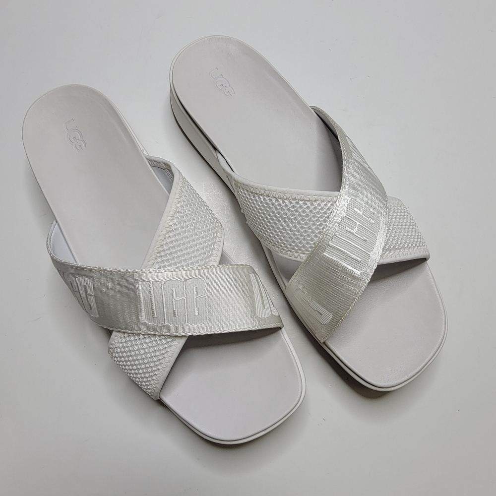 UGG Emily Mesh White Women Slide Sandals Logo Slip-on Wedge Crossband Sz 11